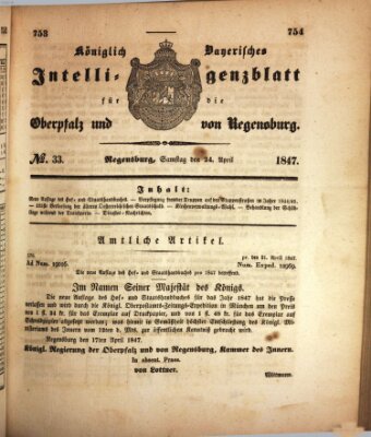 Königlich bayerisches Intelligenzblatt für die Oberpfalz und von Regensburg Samstag 24. April 1847