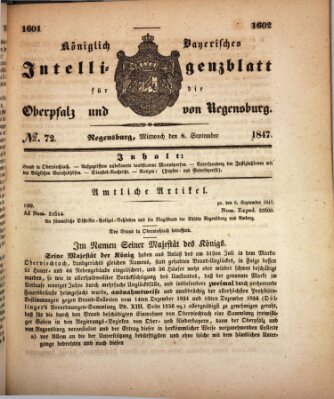 Königlich bayerisches Intelligenzblatt für die Oberpfalz und von Regensburg Mittwoch 8. September 1847