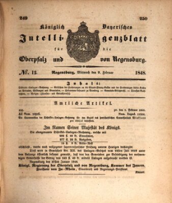 Königlich bayerisches Intelligenzblatt für die Oberpfalz und von Regensburg Mittwoch 9. Februar 1848