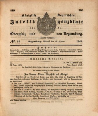 Königlich bayerisches Intelligenzblatt für die Oberpfalz und von Regensburg Mittwoch 16. Februar 1848