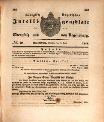 Königlich bayerisches Intelligenzblatt für die Oberpfalz und von Regensburg Samstag 1. April 1848