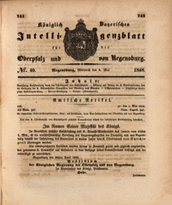 Königlich bayerisches Intelligenzblatt für die Oberpfalz und von Regensburg Mittwoch 3. Mai 1848