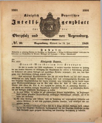 Königlich bayerisches Intelligenzblatt für die Oberpfalz und von Regensburg Mittwoch 12. Juli 1848