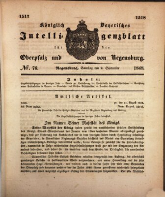Königlich bayerisches Intelligenzblatt für die Oberpfalz und von Regensburg Samstag 2. September 1848