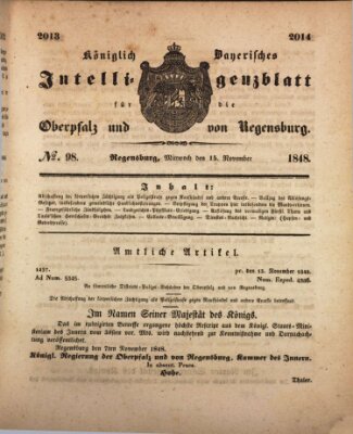 Königlich bayerisches Intelligenzblatt für die Oberpfalz und von Regensburg Mittwoch 15. November 1848