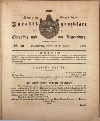 Königlich bayerisches Intelligenzblatt für die Oberpfalz und von Regensburg Mittwoch 27. Dezember 1848