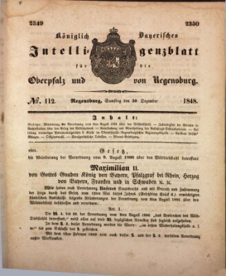Königlich bayerisches Intelligenzblatt für die Oberpfalz und von Regensburg Samstag 30. Dezember 1848