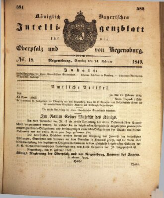 Königlich bayerisches Intelligenzblatt für die Oberpfalz und von Regensburg Samstag 24. Februar 1849