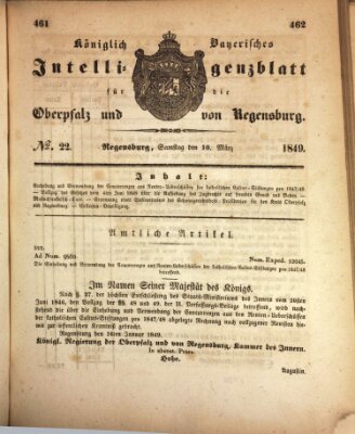 Königlich bayerisches Intelligenzblatt für die Oberpfalz und von Regensburg Samstag 10. März 1849