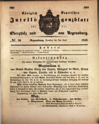 Königlich bayerisches Intelligenzblatt für die Oberpfalz und von Regensburg Samstag 7. April 1849