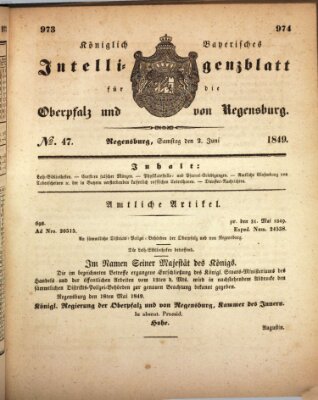 Königlich bayerisches Intelligenzblatt für die Oberpfalz und von Regensburg Samstag 2. Juni 1849