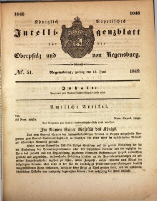 Königlich bayerisches Intelligenzblatt für die Oberpfalz und von Regensburg Freitag 15. Juni 1849
