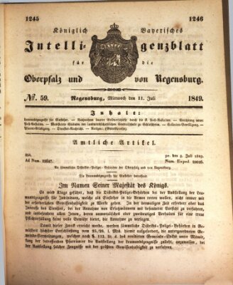 Königlich bayerisches Intelligenzblatt für die Oberpfalz und von Regensburg Mittwoch 11. Juli 1849