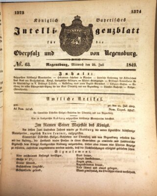 Königlich bayerisches Intelligenzblatt für die Oberpfalz und von Regensburg Mittwoch 25. Juli 1849