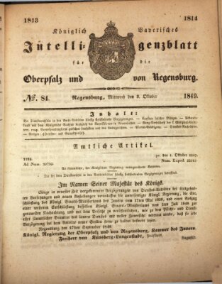 Königlich bayerisches Intelligenzblatt für die Oberpfalz und von Regensburg Mittwoch 3. Oktober 1849