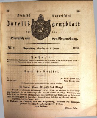 Königlich bayerisches Intelligenzblatt für die Oberpfalz und von Regensburg Samstag 5. Januar 1850