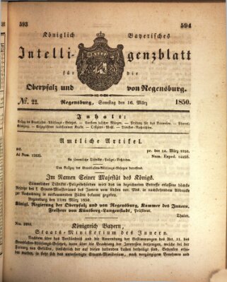 Königlich bayerisches Intelligenzblatt für die Oberpfalz und von Regensburg Samstag 16. März 1850