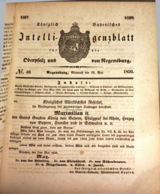 Königlich bayerisches Intelligenzblatt für die Oberpfalz und von Regensburg Mittwoch 15. Mai 1850