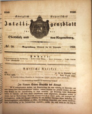 Königlich bayerisches Intelligenzblatt für die Oberpfalz und von Regensburg Mittwoch 25. September 1850