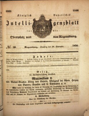 Königlich bayerisches Intelligenzblatt für die Oberpfalz und von Regensburg Samstag 28. September 1850