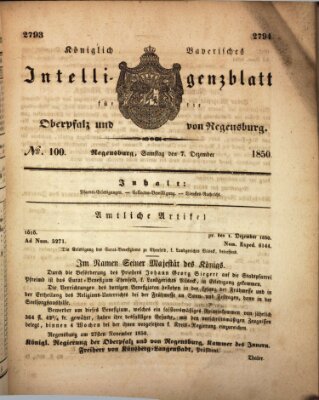 Königlich bayerisches Intelligenzblatt für die Oberpfalz und von Regensburg Samstag 7. Dezember 1850