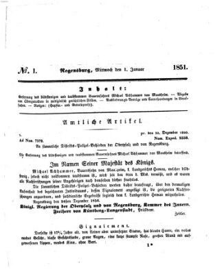 Königlich bayerisches Intelligenzblatt für die Oberpfalz und von Regensburg Mittwoch 1. Januar 1851