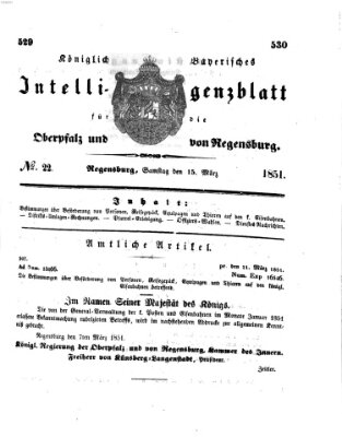 Königlich bayerisches Intelligenzblatt für die Oberpfalz und von Regensburg Samstag 15. März 1851