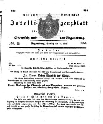 Königlich bayerisches Intelligenzblatt für die Oberpfalz und von Regensburg Samstag 19. April 1851