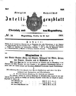 Königlich bayerisches Intelligenzblatt für die Oberpfalz und von Regensburg Samstag 26. April 1851