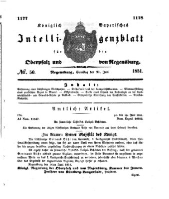 Königlich bayerisches Intelligenzblatt für die Oberpfalz und von Regensburg Samstag 21. Juni 1851