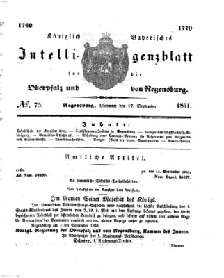 Königlich bayerisches Intelligenzblatt für die Oberpfalz und von Regensburg Mittwoch 17. September 1851