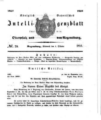 Königlich bayerisches Intelligenzblatt für die Oberpfalz und von Regensburg Mittwoch 1. Oktober 1851