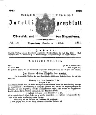 Königlich bayerisches Intelligenzblatt für die Oberpfalz und von Regensburg Samstag 11. Oktober 1851