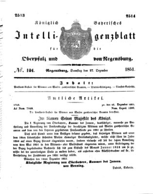 Königlich bayerisches Intelligenzblatt für die Oberpfalz und von Regensburg Samstag 27. Dezember 1851