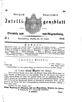 Königlich bayerisches Intelligenzblatt für die Oberpfalz und von Regensburg Samstag 10. Januar 1852