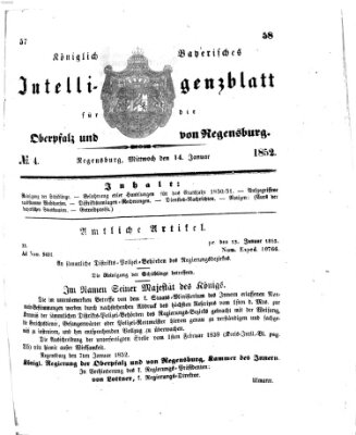 Königlich bayerisches Intelligenzblatt für die Oberpfalz und von Regensburg Mittwoch 14. Januar 1852