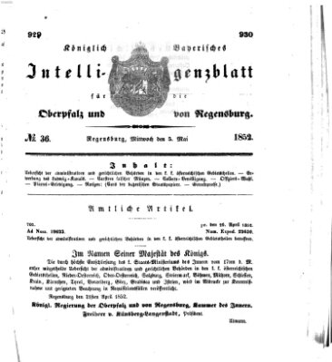Königlich bayerisches Intelligenzblatt für die Oberpfalz und von Regensburg Mittwoch 5. Mai 1852