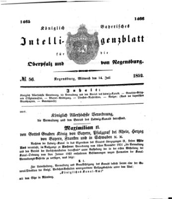 Königlich bayerisches Intelligenzblatt für die Oberpfalz und von Regensburg Mittwoch 14. Juli 1852