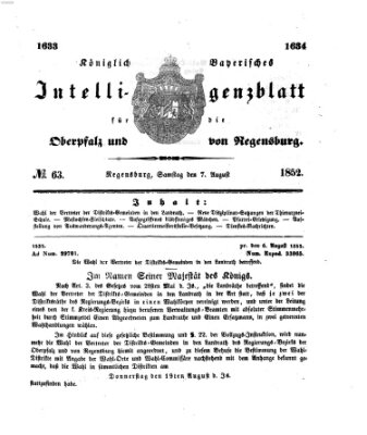Königlich bayerisches Intelligenzblatt für die Oberpfalz und von Regensburg Samstag 7. August 1852