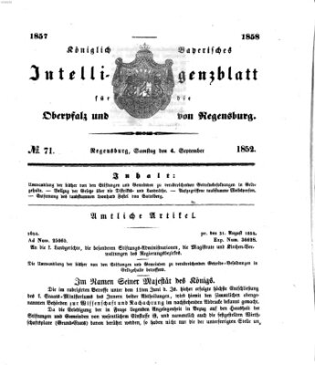 Königlich bayerisches Intelligenzblatt für die Oberpfalz und von Regensburg Samstag 4. September 1852