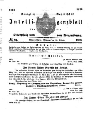 Königlich bayerisches Intelligenzblatt für die Oberpfalz und von Regensburg Mittwoch 13. Oktober 1852