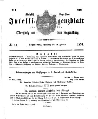 Königlich bayerisches Intelligenzblatt für die Oberpfalz und von Regensburg Samstag 12. Februar 1853