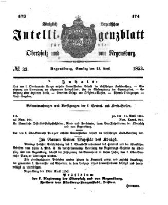 Königlich bayerisches Intelligenzblatt für die Oberpfalz und von Regensburg Samstag 23. April 1853