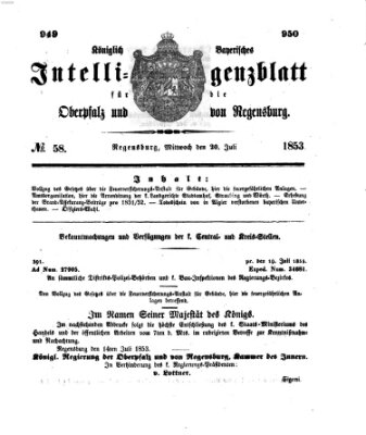 Königlich bayerisches Intelligenzblatt für die Oberpfalz und von Regensburg Mittwoch 20. Juli 1853