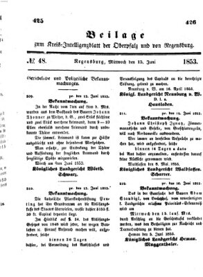 Königlich bayerisches Intelligenzblatt für die Oberpfalz und von Regensburg Mittwoch 15. Juni 1853