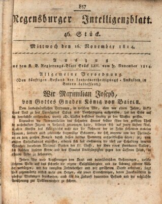 Regensburger Intelligenzblatt (Regensburger Wochenblatt) Mittwoch 16. November 1814