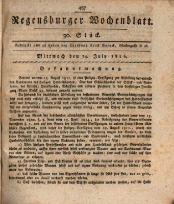 Regensburger Wochenblatt Mittwoch 24. Juli 1816