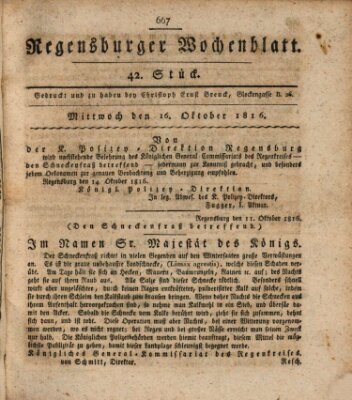 Regensburger Wochenblatt Mittwoch 16. Oktober 1816