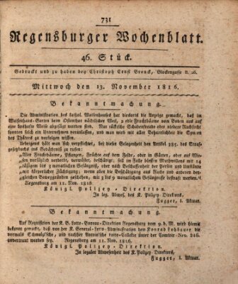 Regensburger Wochenblatt Mittwoch 13. November 1816