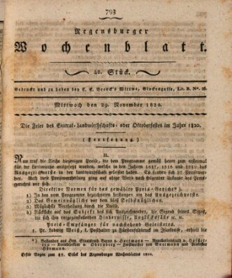 Regensburger Wochenblatt Mittwoch 29. November 1820